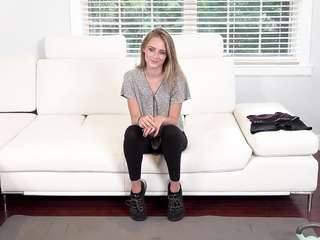 After the interview, the skinny blonde fucks hot with the producer and gets a creampie