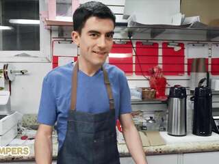 Puffy MILFs have a threesome with a young barista