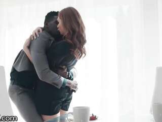 After a deep blowjob, redhead hottie gave fuck ass to black businessman