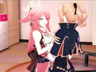 Yae Miko has her legs spread and strapon fucked by Jean - Genshin Impact.