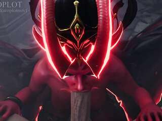 Red demoness with horns sucks cock