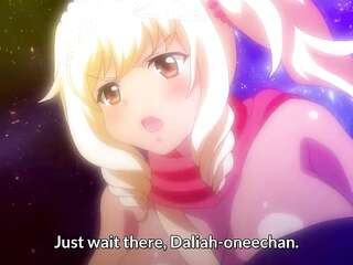 2人の角質のアニメの戦士の女の子がffmで同じチンポを共有