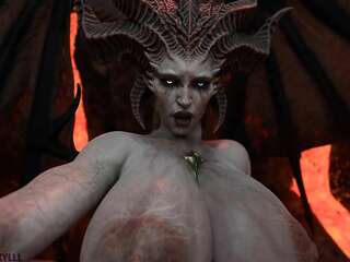 big breasts Lilith from Diablo fucks with a fan in her pussy