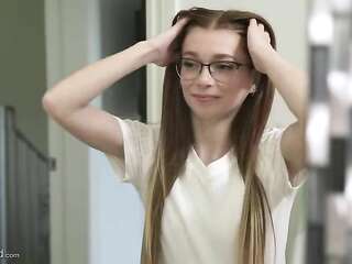 A bespectacled skinny sweet with a hairy pussy prefers fucking with a tutor instead of classes