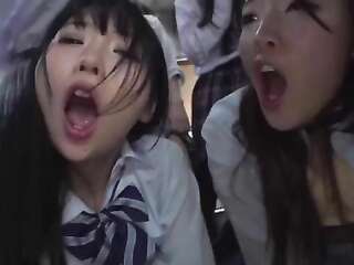 A group of japan hentai schoolgirls have fun with one guy and suck his dick