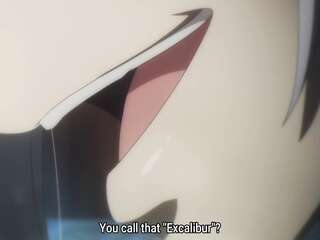 A muscular guy showed his Excalibur between the legs of a big breasts japan hentai milf.