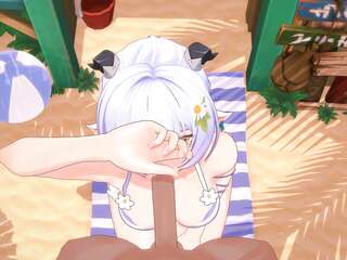 หญิงชาวญี่ปุ่นคนหนึ่งกำลังดูดอวัยวะเพศชายสีดำขนาดใหญ่ท่ามกลางแสงแดดร้อนระอุบนชายหาด